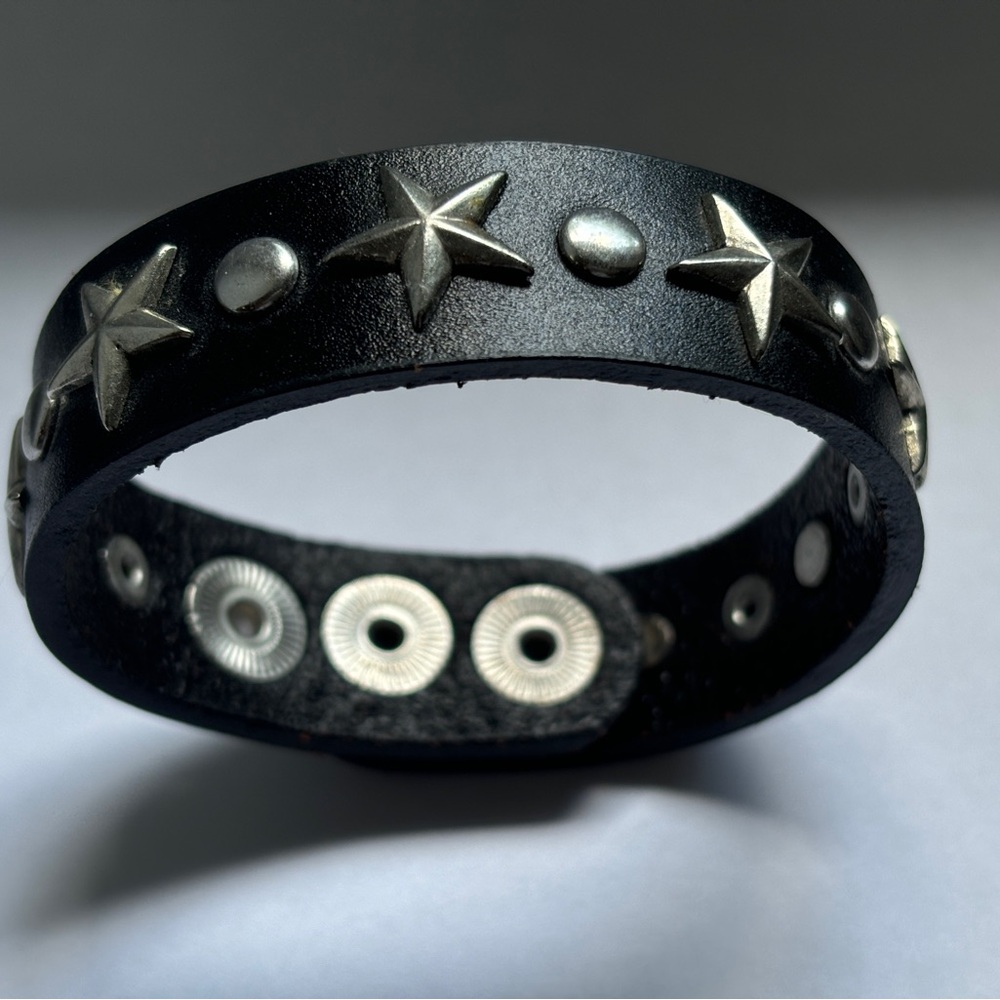 Leather Cuff Bracelet Silver Stars Adjustable